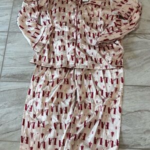 Bella Full-Length PJ Set With Velvet Tie - Ivory + Red FALALA